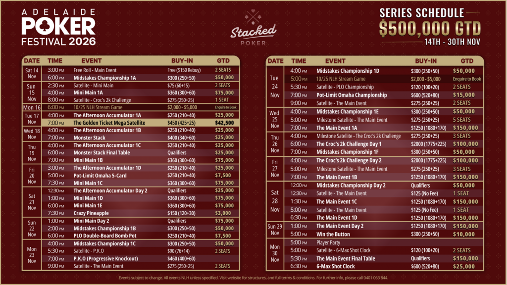 Adelaide Poker Festival 2026 schedule